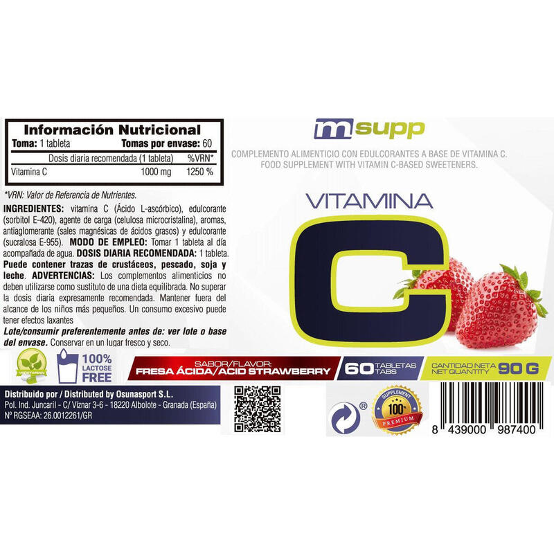 Vitamina C Masticable - 60 Tabletas Fresa Acida de MM Supplements