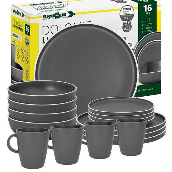 Melamin Campinggeschir Set DOLOMIT Lunchbox 16-teilig grau