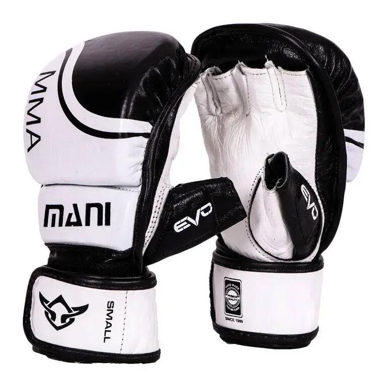 Pair of black and white padded MMA gloves with open fingers and wrist straps