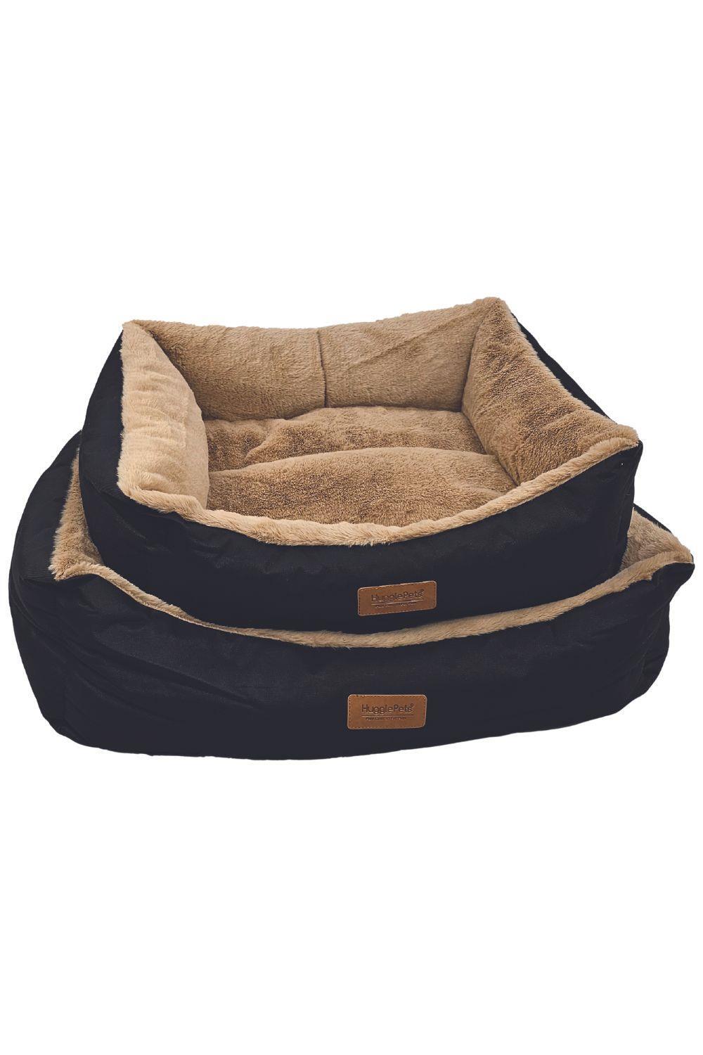 HugglePets Luxury Plush Dog Lounger Bed - Black & Oatmeal 2/3