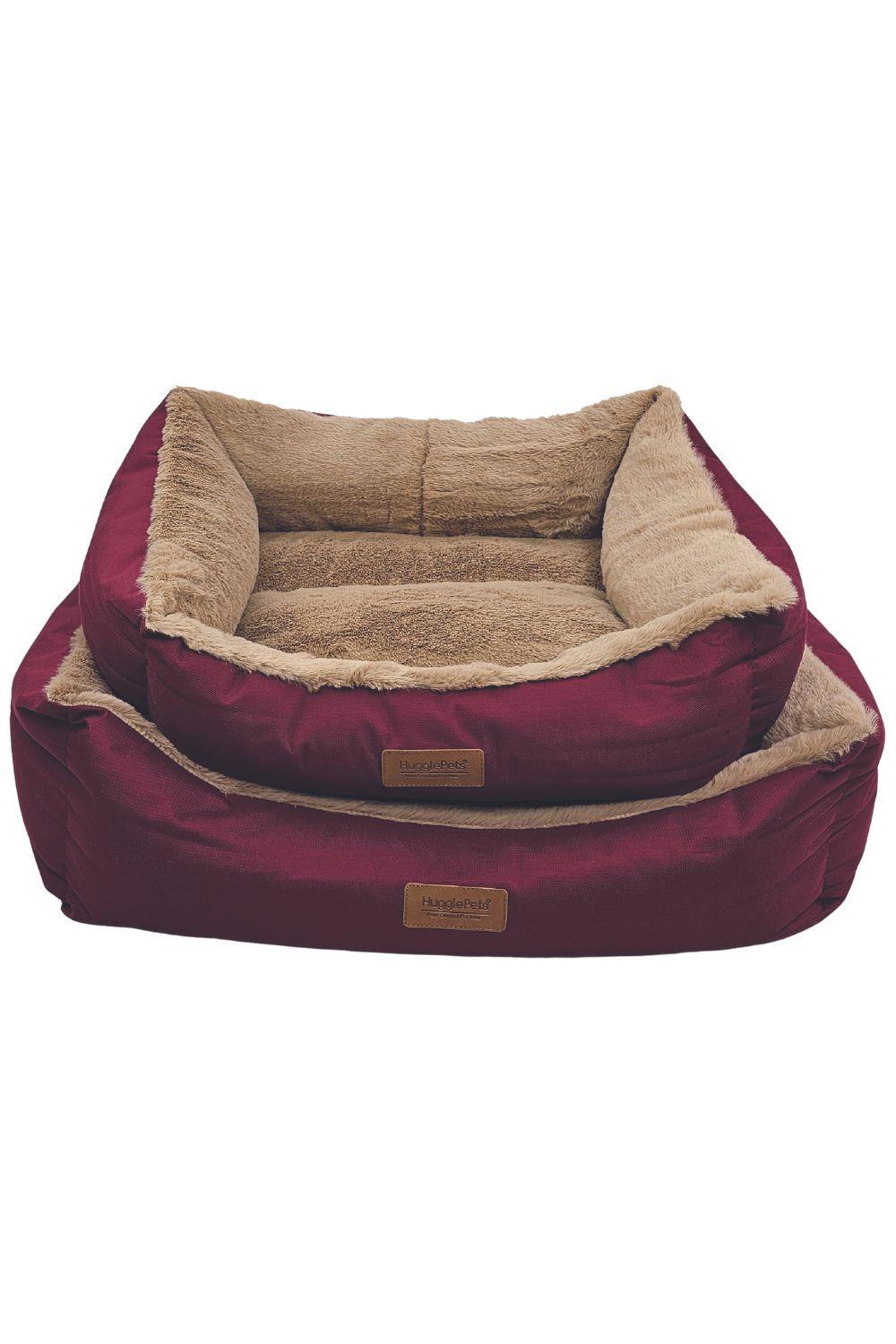 HugglePets Luxury Plush Dog Lounger Bed - Red & Oatmeal 2/3
