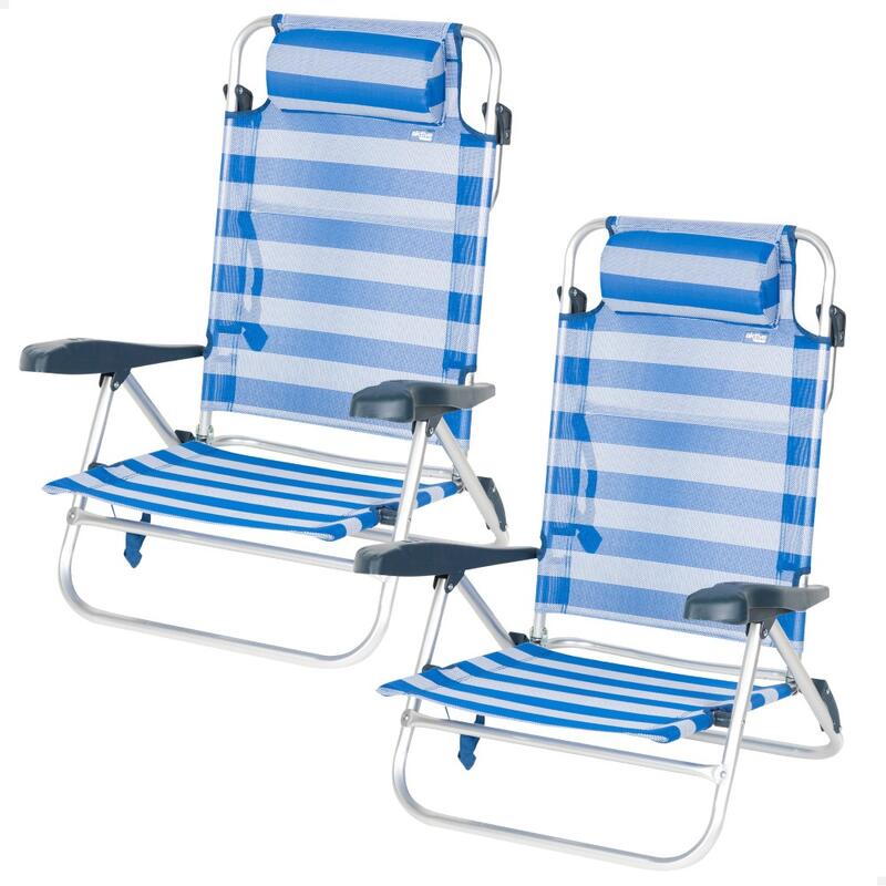 Pack de 2 sillas de playa plegables y reclinables 7 posiciones marinera c/cojín