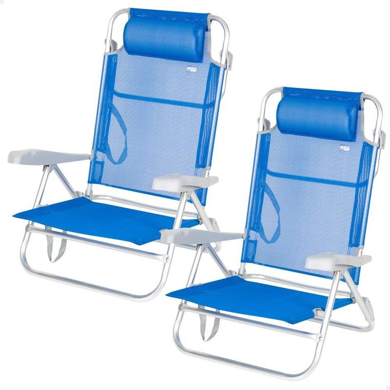 Pack de 2 sillas de playa plegables y reclinables 7 posiciones azul c/cojín