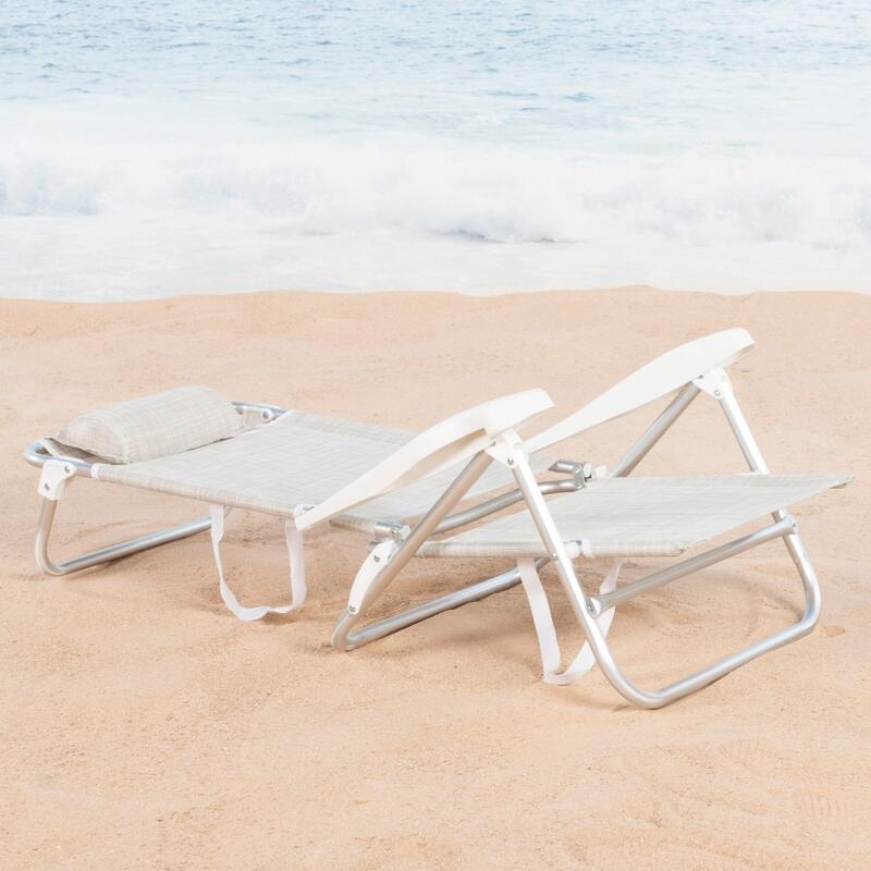 Pack de 2 sillas de playa plegables y reclinables 7 posiciones beige c/cojín