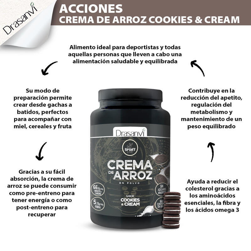 Crema de Arroz Sport Live - Sabor Cookies and Cream - 1Kg - DRASANVI