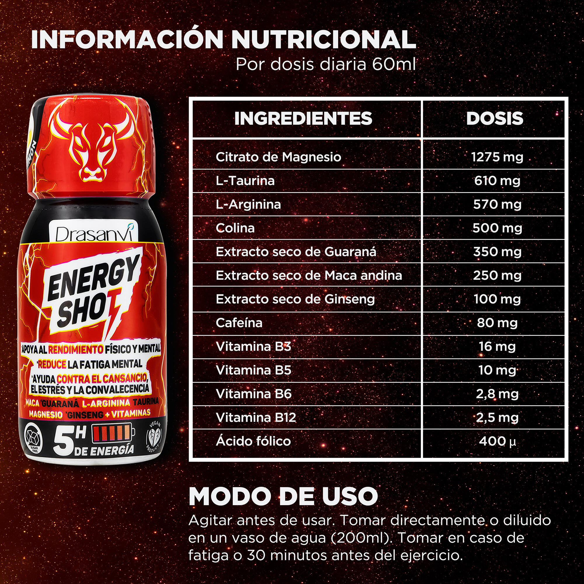 Energy Shot - Bebida energética - Sabor limón - 60ml - Pack 24 uds - DRASANVI 5/6