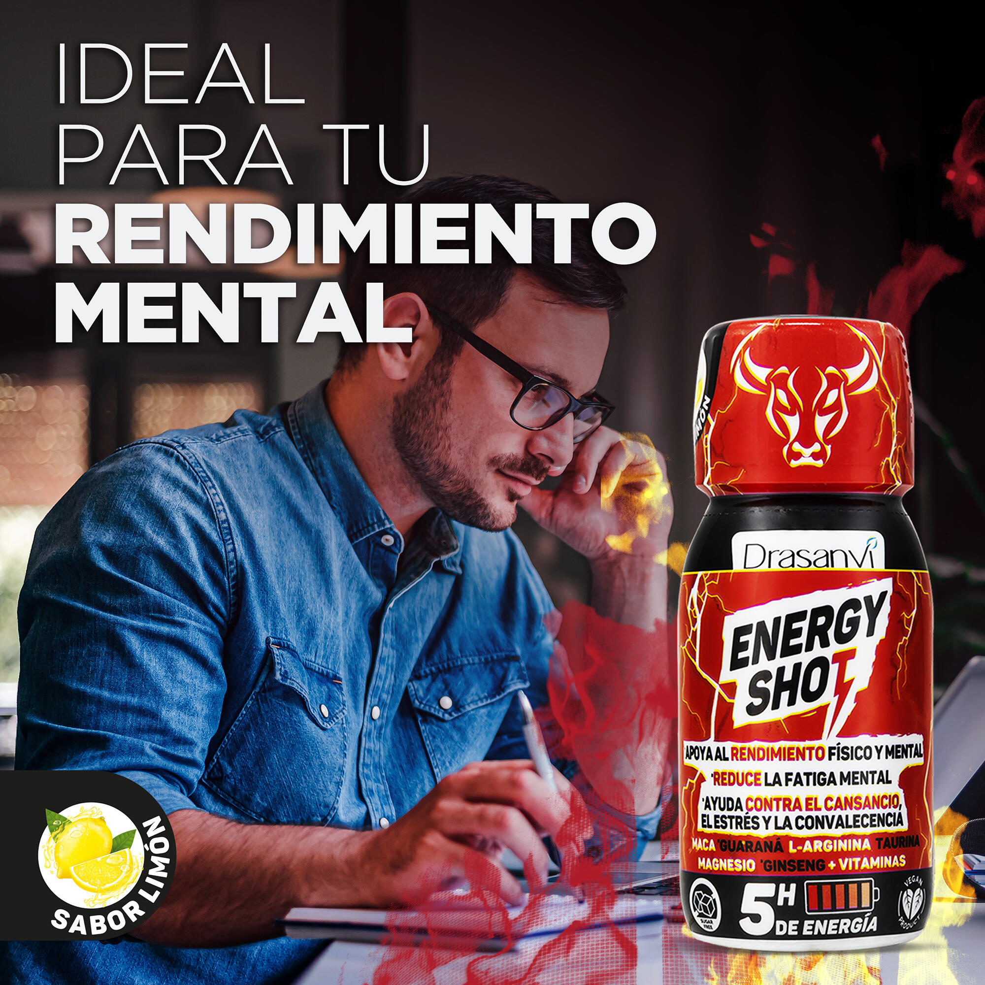 Energy Shot - Bebida energética - Sabor limón - 60ml - Pack 12 uds - DRASANVI 4/6