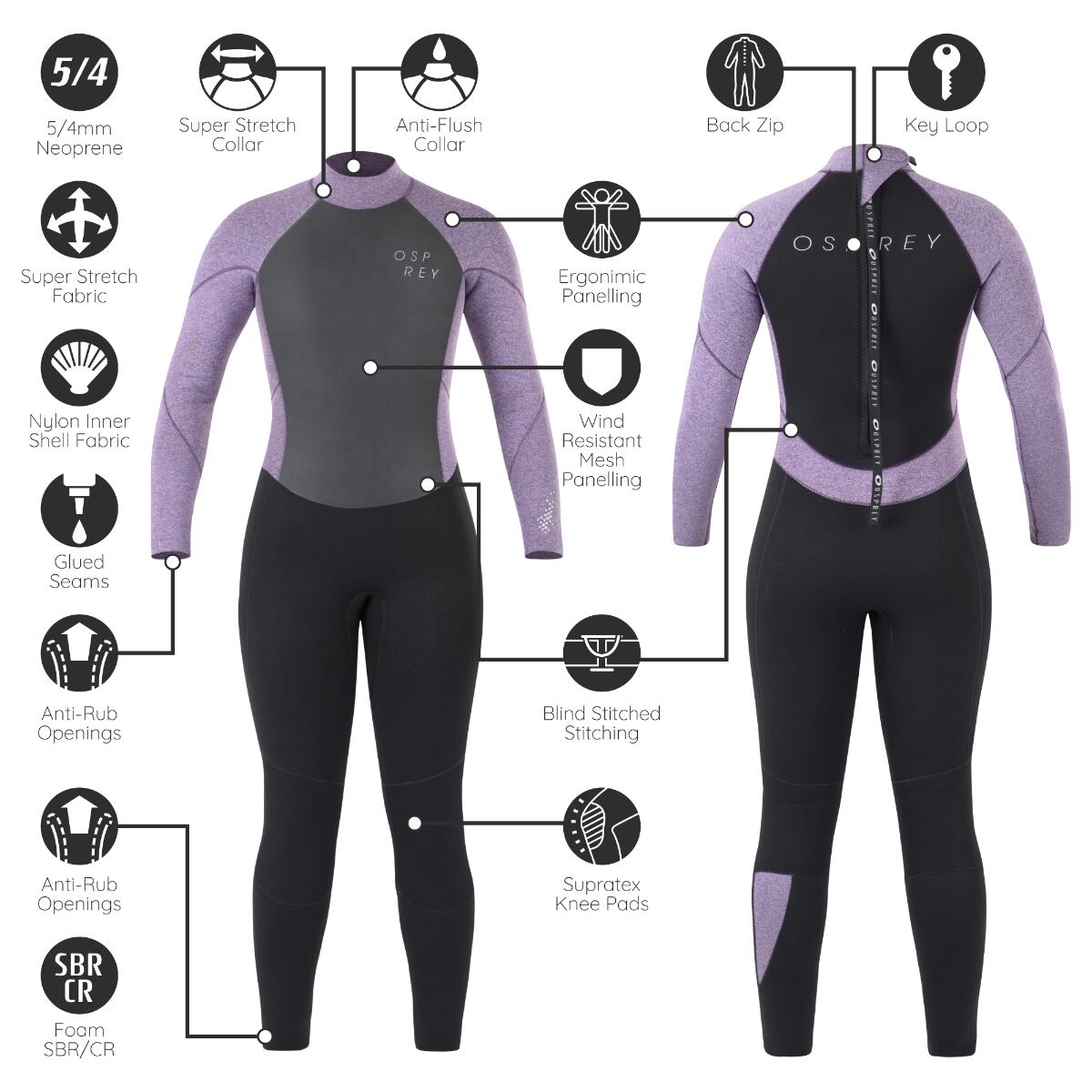 Osprey Womens Zero 5mm Wetsuit | Full Length Neoprene Wetsuit Purple 6/6