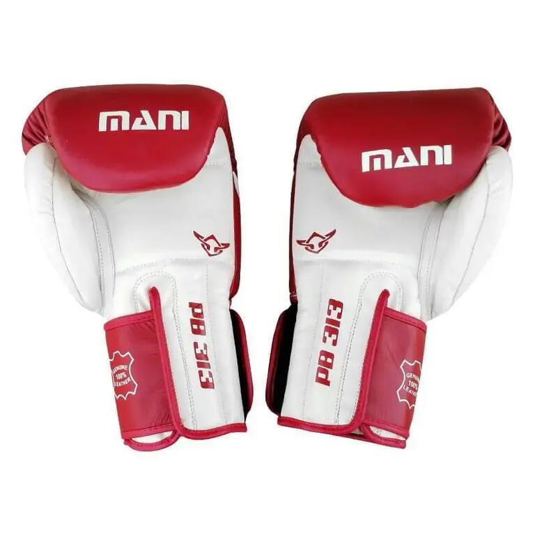 Burgundy and white Muay Thai gloves with padded knuckles and wrist straps