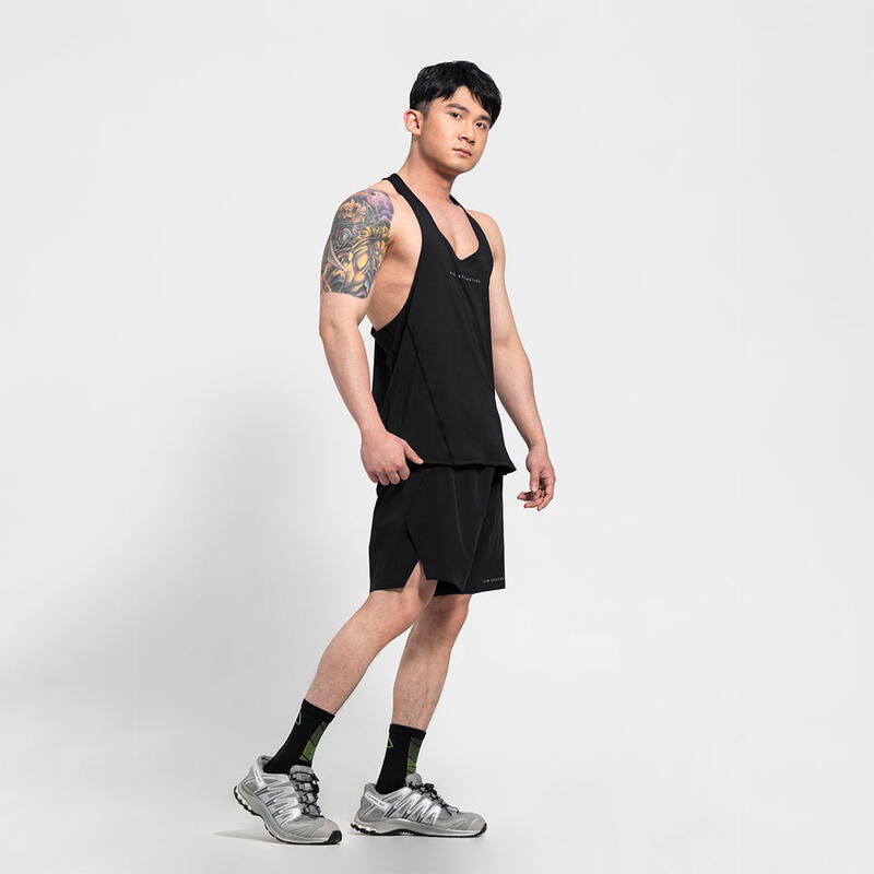 男裝純色無袖挖背運動健身背心 - 黑色