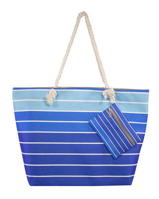 Bedrukte strandtas met blauw gestreepte beurs
