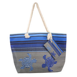 BOLSO ESTAMPADO DE PLAYA CON MONEDERO TORTUGA RAYAS AZUL