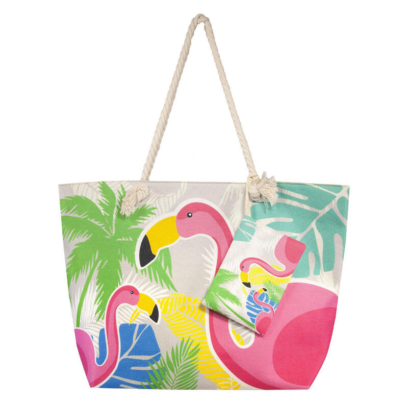 BOLSO ESTAMPADO DE PLAYA CON MONEDERO AVES TROPICALES