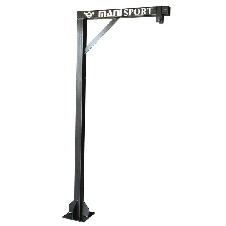 Black heavy-duty boxing bag stand with floor-mounted post and reinforced hanging arm