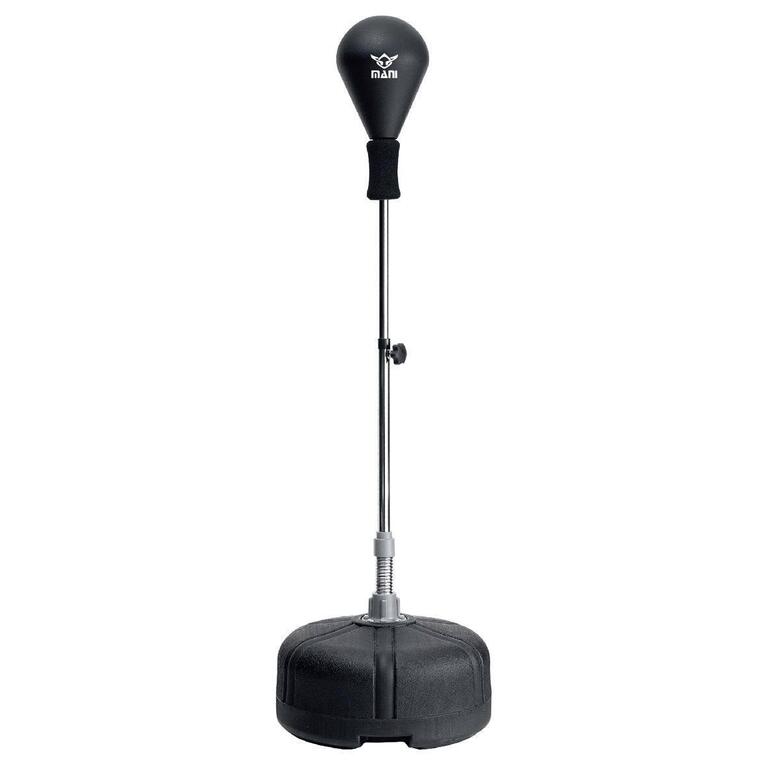 Black freestanding punching ball with adjustable-height stand and weighted base