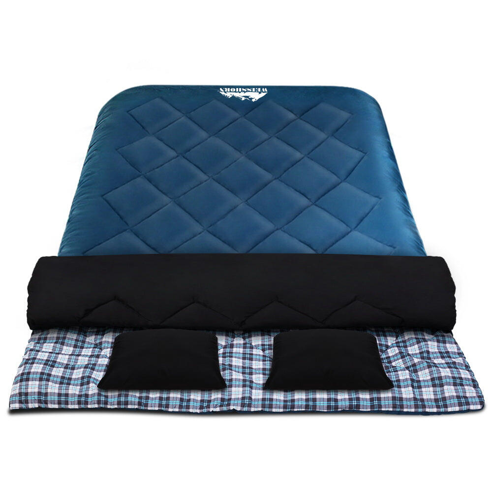 Thermal Sleeping Bag w/ Double Pillow for Camping - Blue