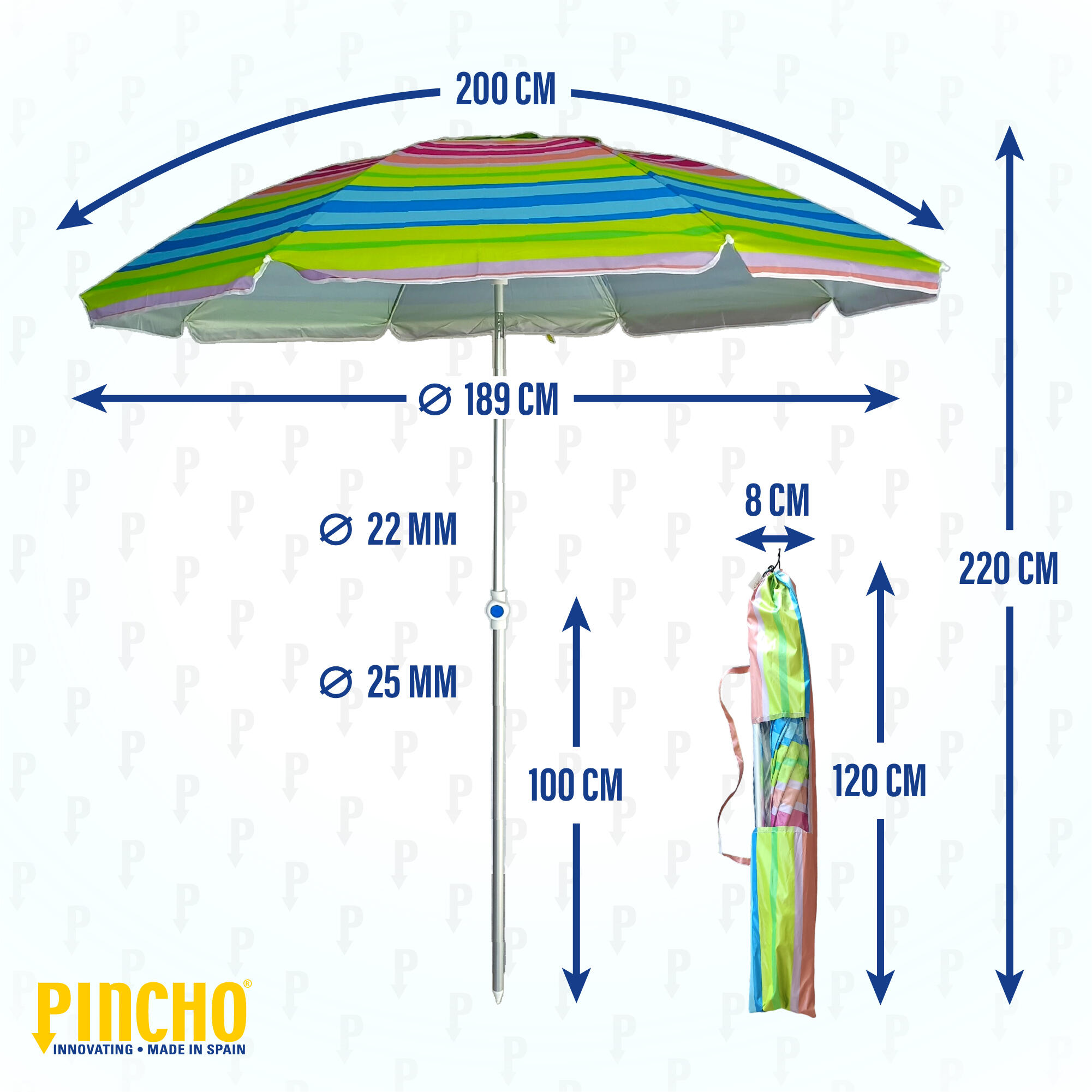 Sombrilla playa grande Ø200 cm, protección uv 50, varillas de fibra de vidrio 5/6
