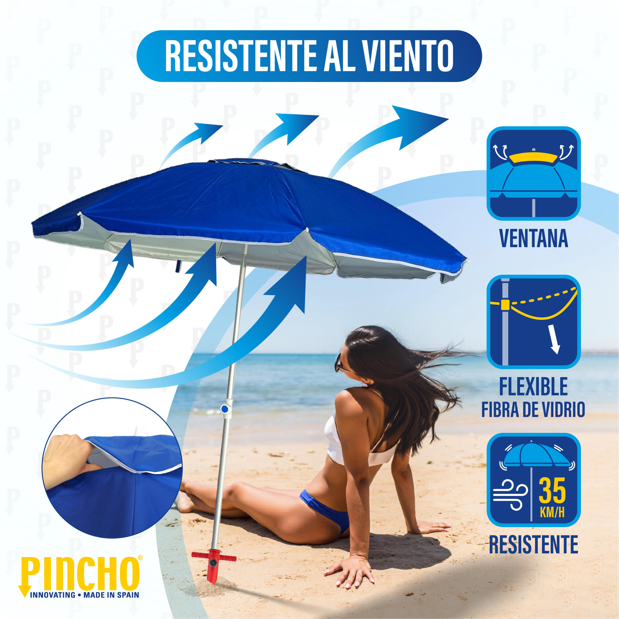 Sombrilla playa grande Ø200 cm, antiviento, protección uv 50, tubo de aluminio 2/6