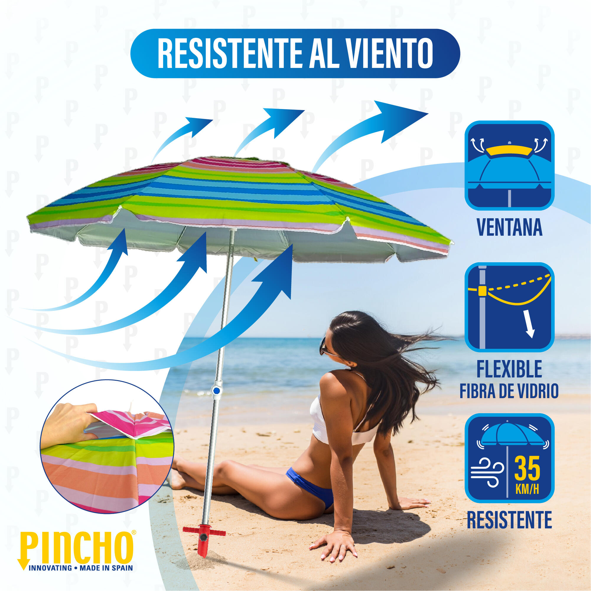 Sombrilla playa grande Ø200 cm, protección uv 50, varillas de fibra de vidrio 2/6