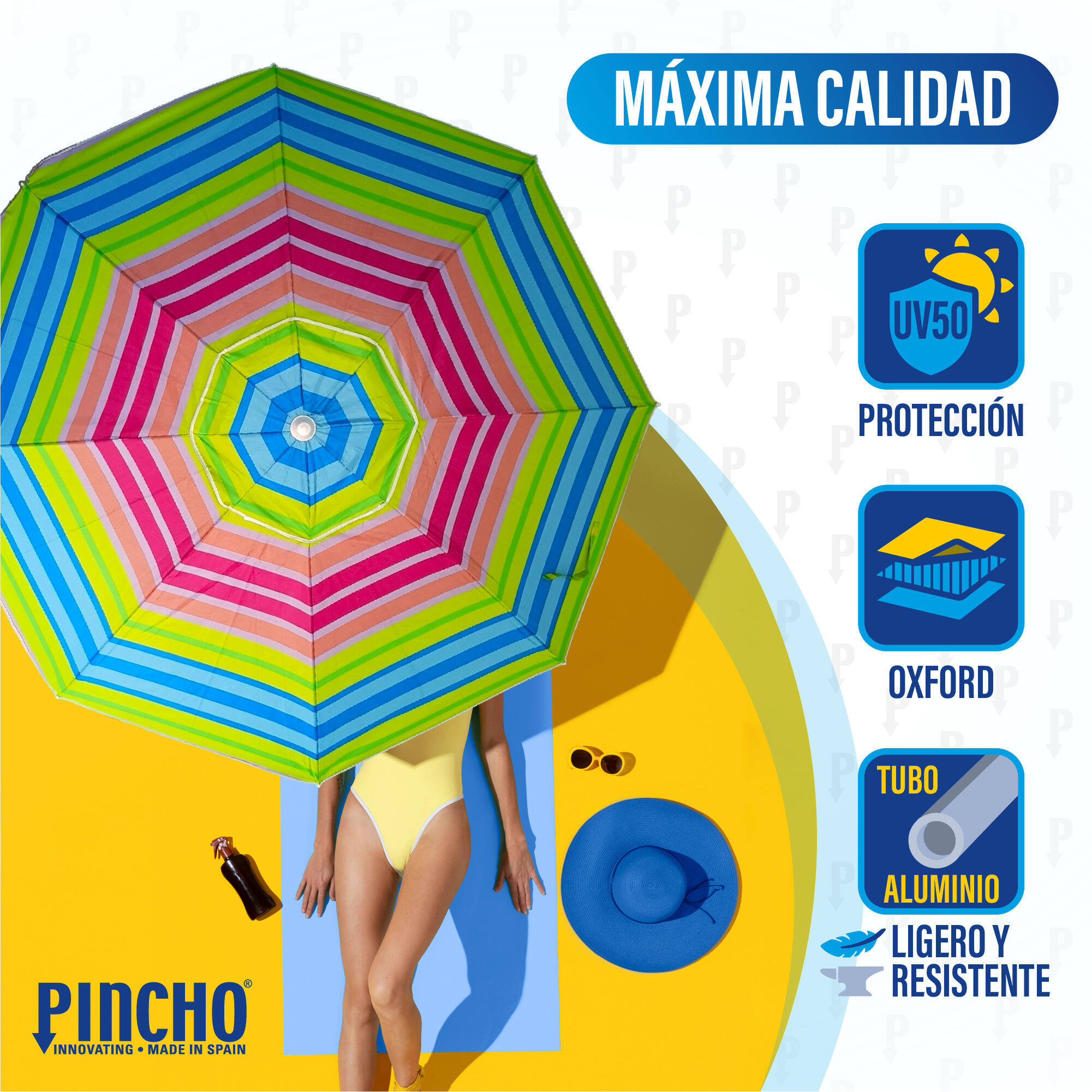 Sombrilla playa grande Ø200 cm, protección uv 50, varillas de fibra de vidrio 3/6