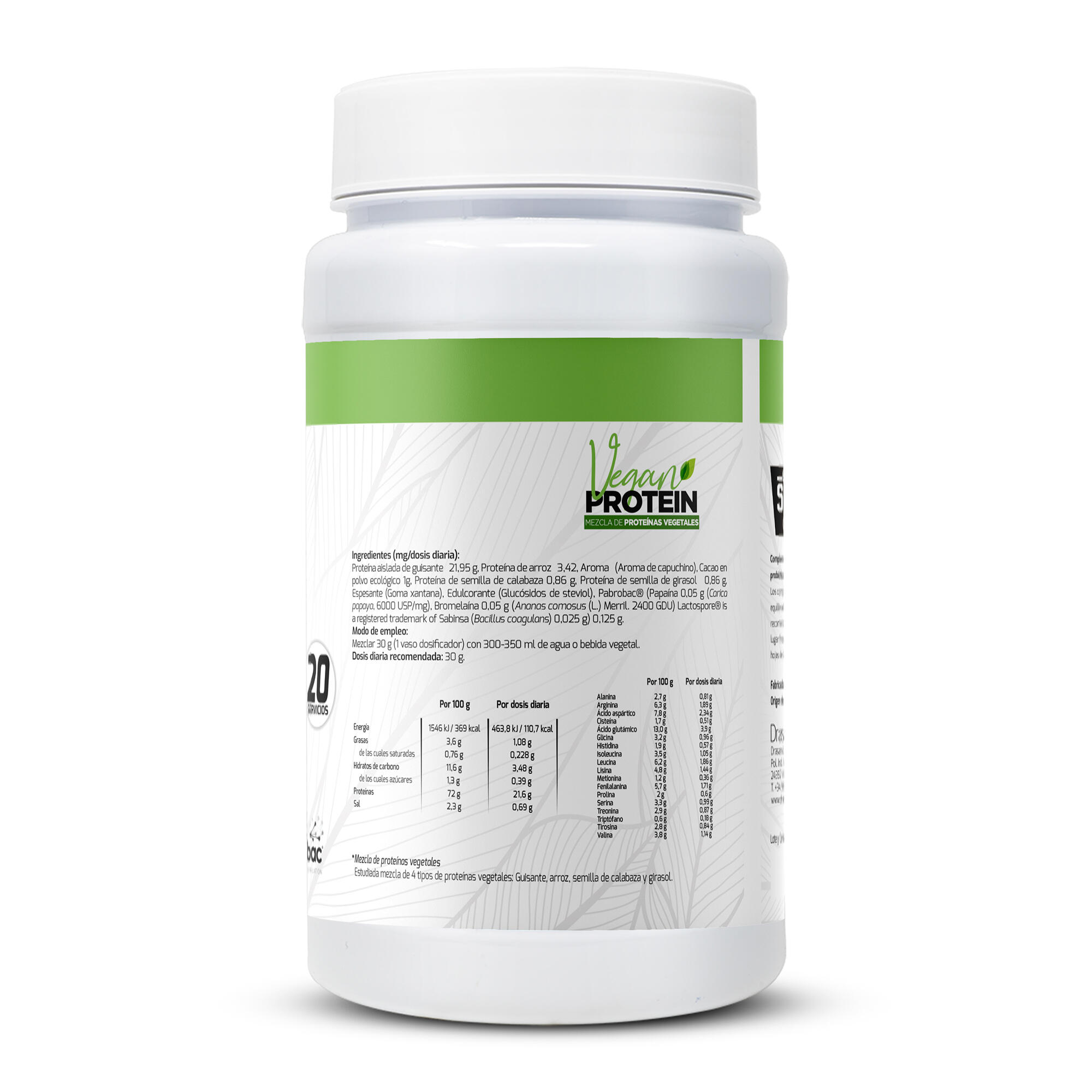 Proteína Vegana Sport Live - 72% Proteína - Sabor Capuchino - 600g - DRASANVI 2/3