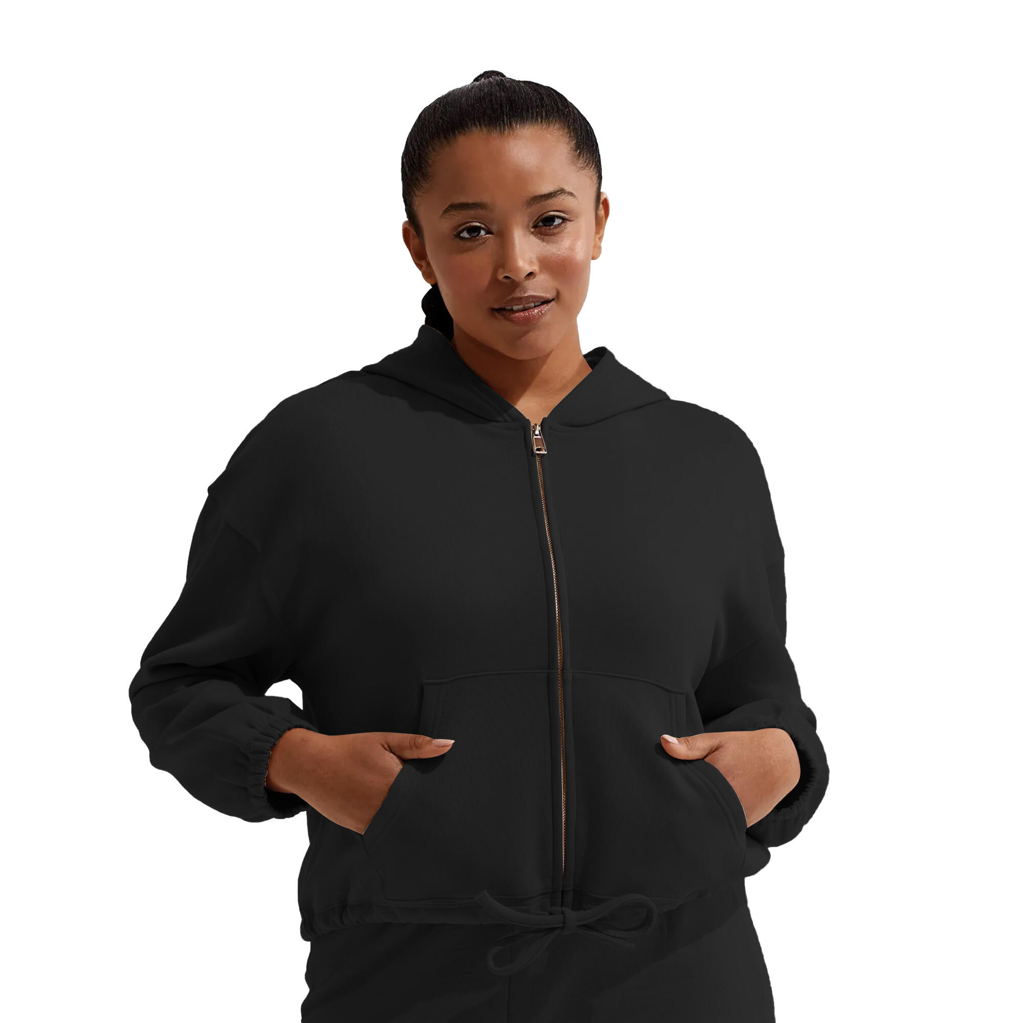 Womens/Ladies Cropped Oversized Full Zip Hoodie (Black) | Decathlon