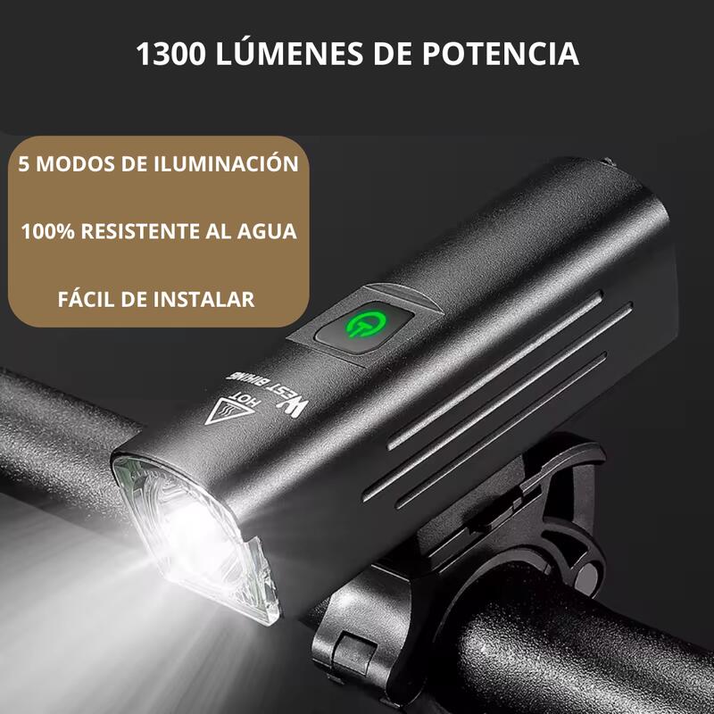 Luce anteriore per bicicletta 1300 lumen + luce posteriore USB
