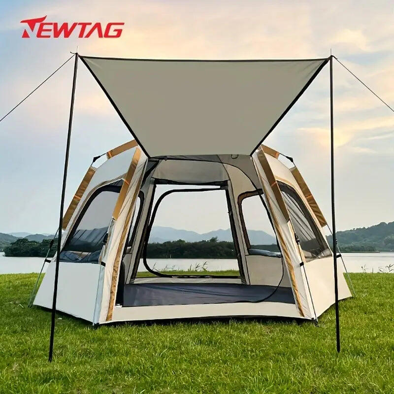 Hexagonal Fiberglass Pole Camping Tent - Silvery Glue Beige 4-Person