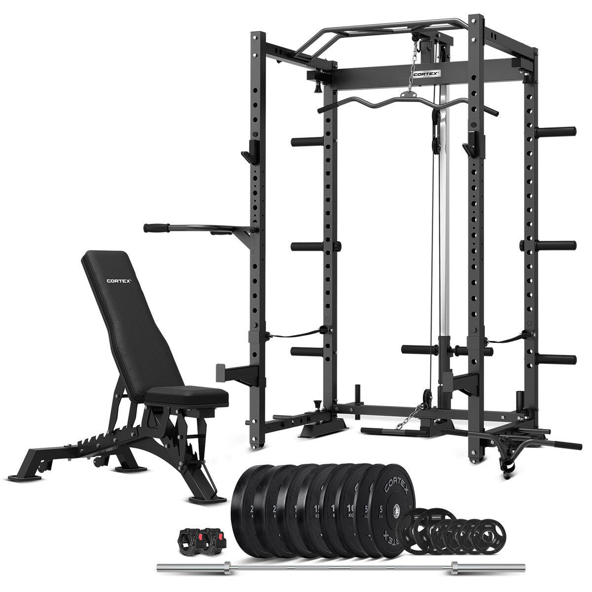 CORTEX PR4 Folding Power Rack with Olympic Bumper Weight, Bar and Bench Set