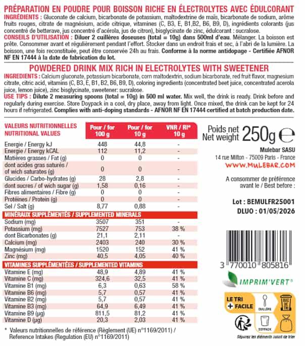 Boisson d'hydratation - Electrolytes - Mulebar - Fruits rouges - 250g 2/4