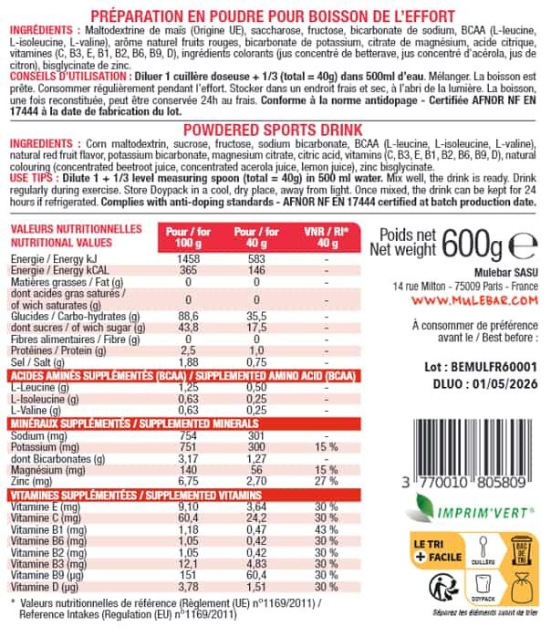 Boisson énergétique de l'effort - isotonique - Mulebar - Fruits rouges - 600g 2/4