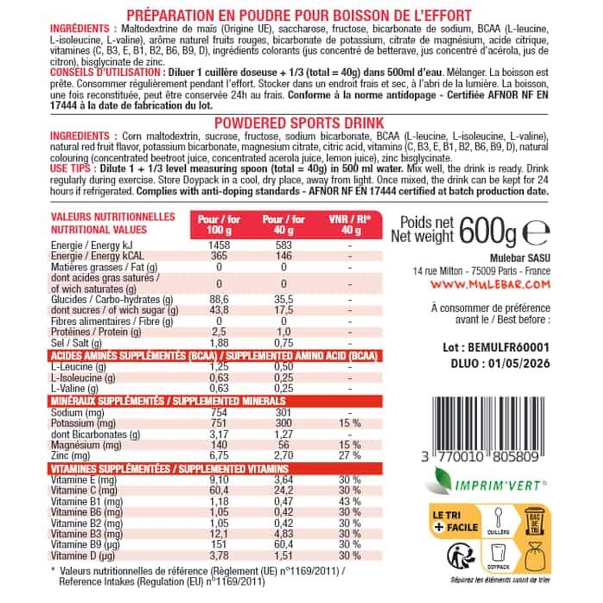 Boisson énergétique de l'effort - isotonique - Mulebar - Fruits rouges - 600g