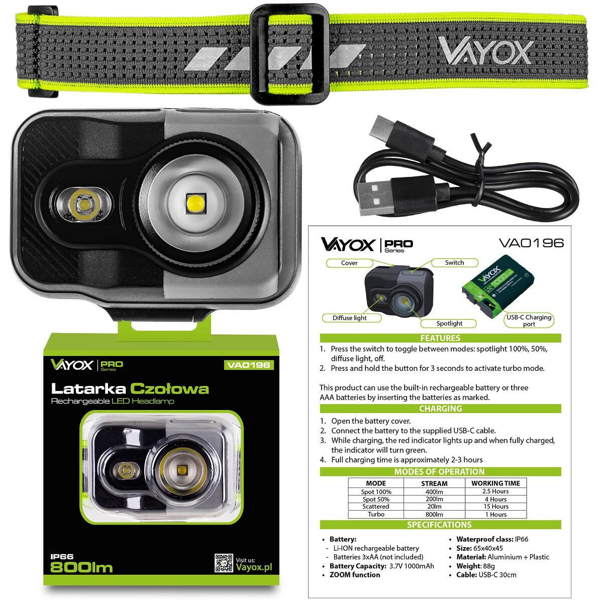 Stirnlampe Vayox VA0196, 800lm, ZOOM, akkubetrieben mit Hybridantrieb 7/8