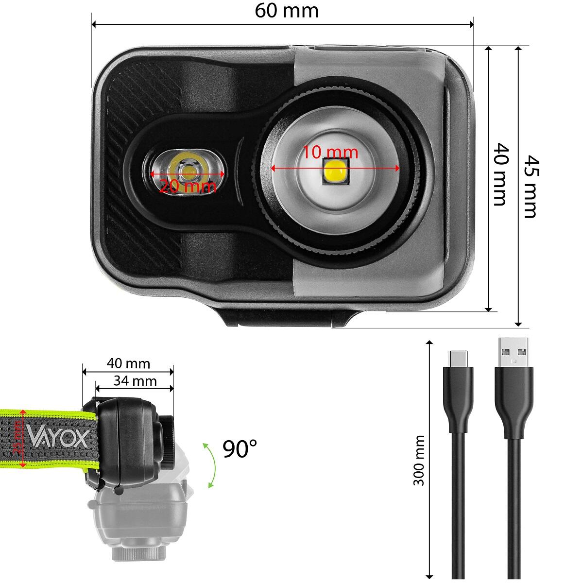 Stirnlampe Vayox VA0196, 800lm, ZOOM, akkubetrieben mit Hybridantrieb 5/8