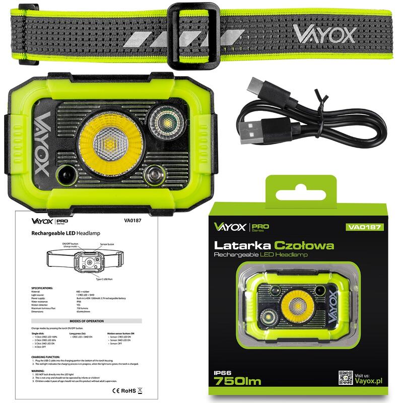 Lanterna frontală Vayox VA0187, 750lm, reîncărcabilă, USB-C, rezistentă