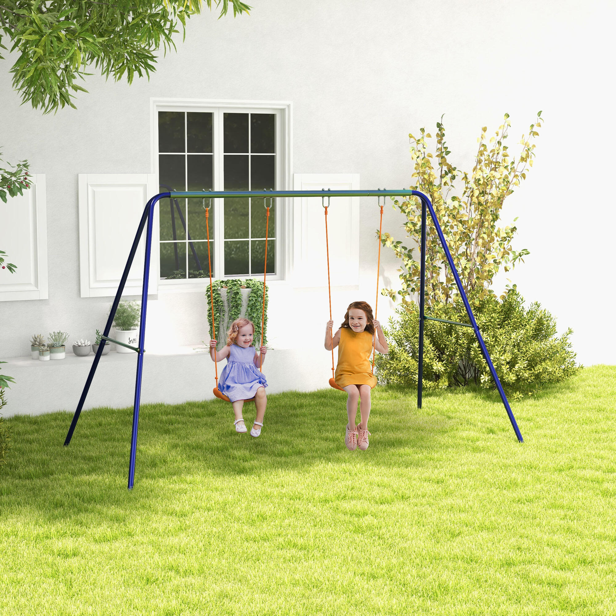 Outsunny Altalena per Bambini 3-8 Anni Doppia con 4 Picchetti in Metallo e PP 2/7