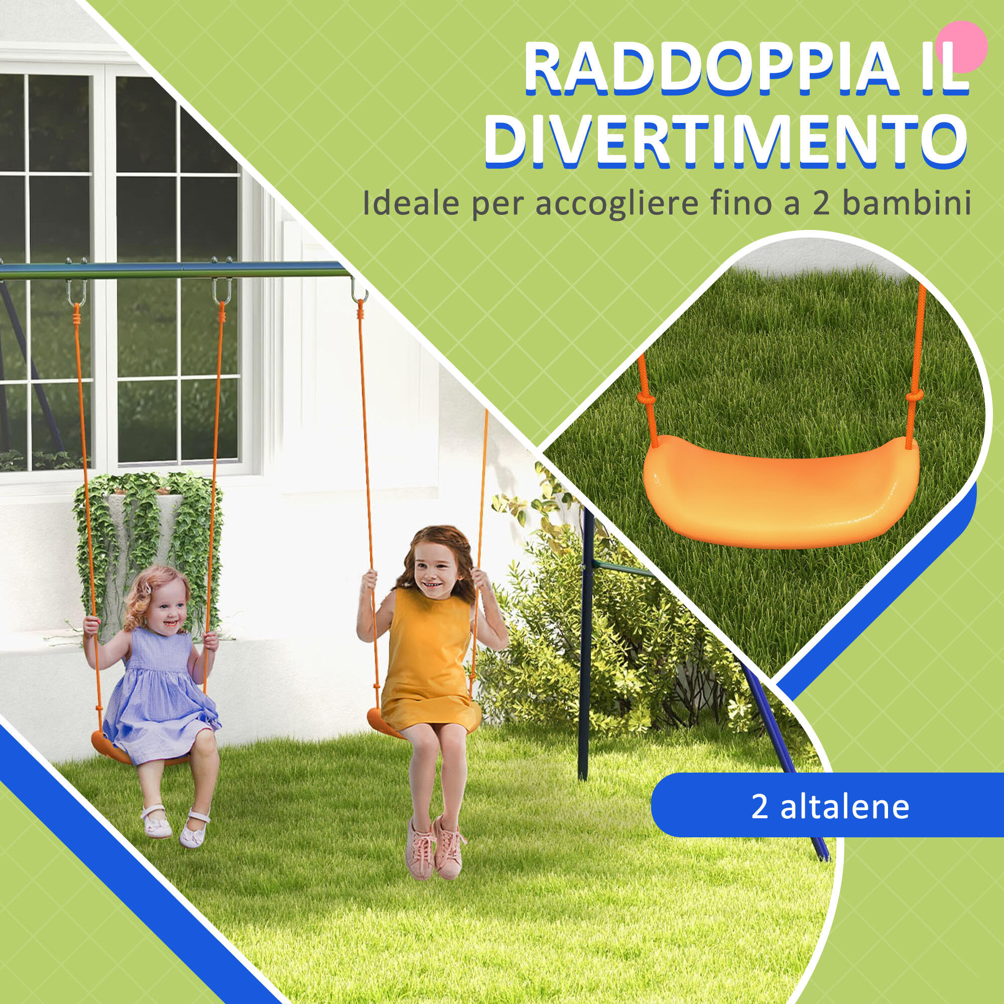 Outsunny Altalena per Bambini 3-8 Anni Doppia con 4 Picchetti in Metallo e PP 4/7