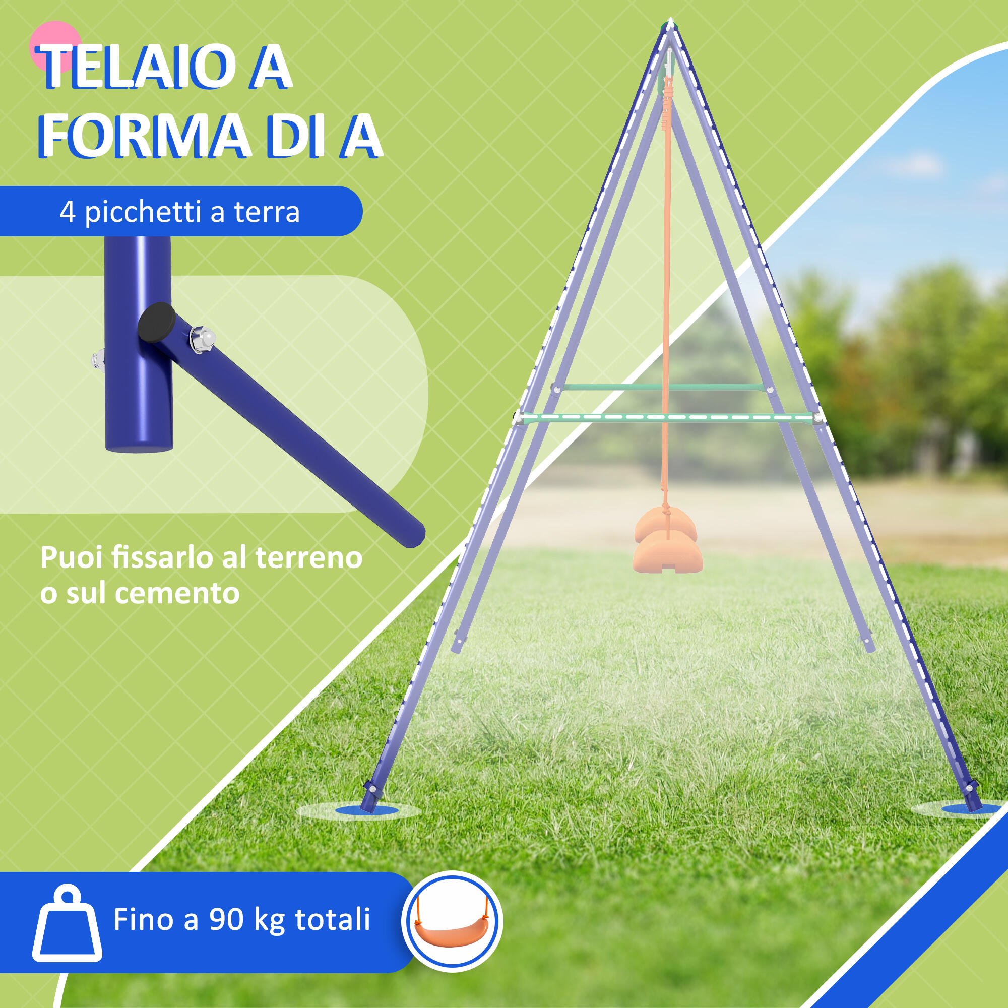 Outsunny Altalena per Bambini 3-8 Anni Doppia con 4 Picchetti in Metallo e PP 5/7