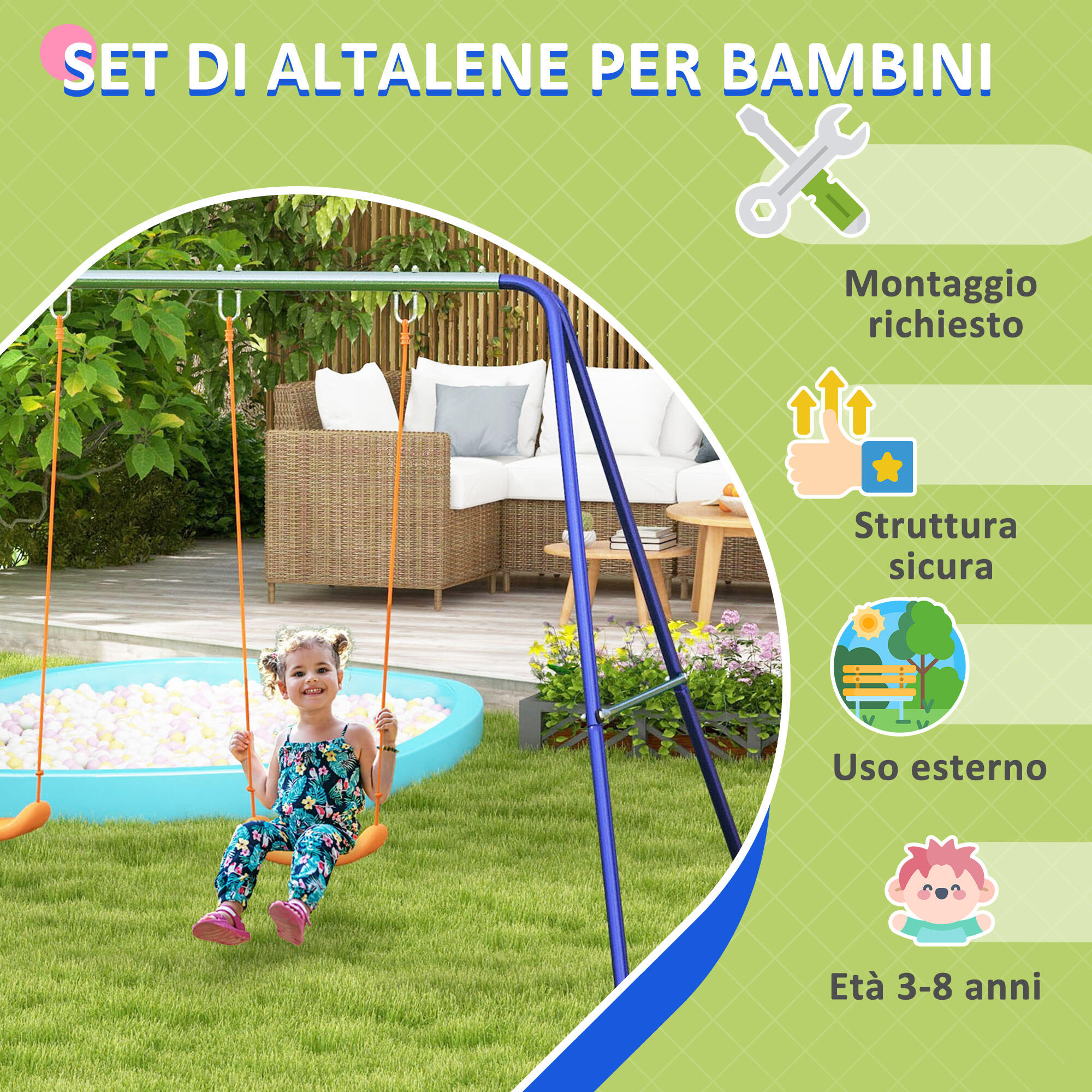 Outsunny Altalena per Bambini 3-8 Anni Doppia con 4 Picchetti in Metallo e PP 7/7
