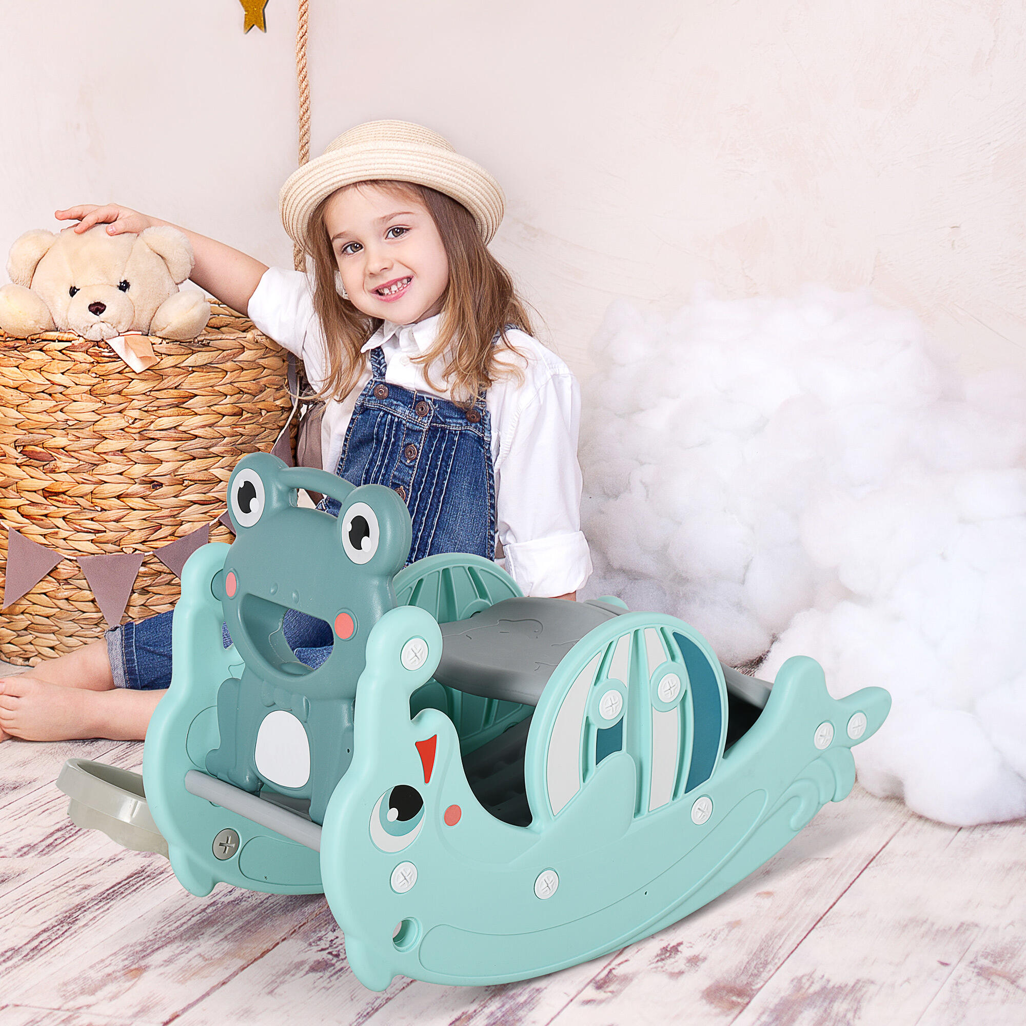 HOMCOM 3-in-1 Cavallo a Dondolo Scivolo per Bambini e Canestro, Età 18-36 mesi 2/8