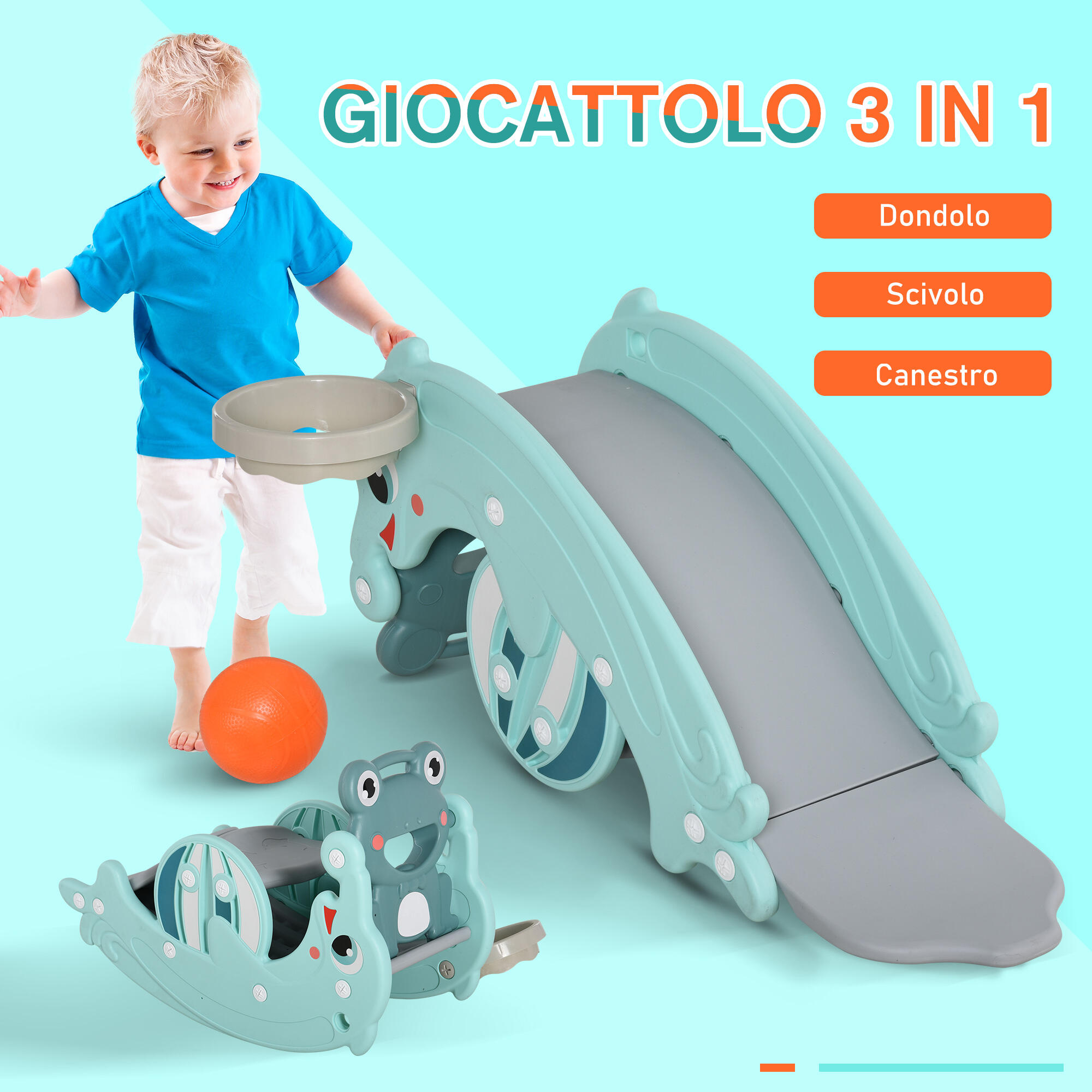 HOMCOM 3-in-1 Cavallo a Dondolo Scivolo per Bambini e Canestro, Età 18-36 mesi 6/8