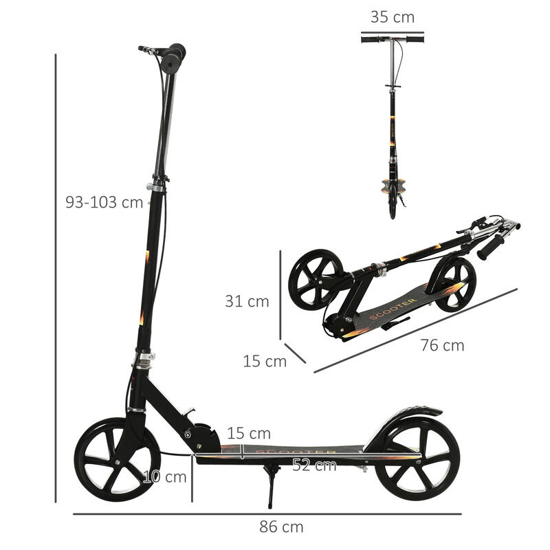 HOMCOM Trotineta pentru Copii  7-14 Ani cu Ghidon Reglabil, Negru