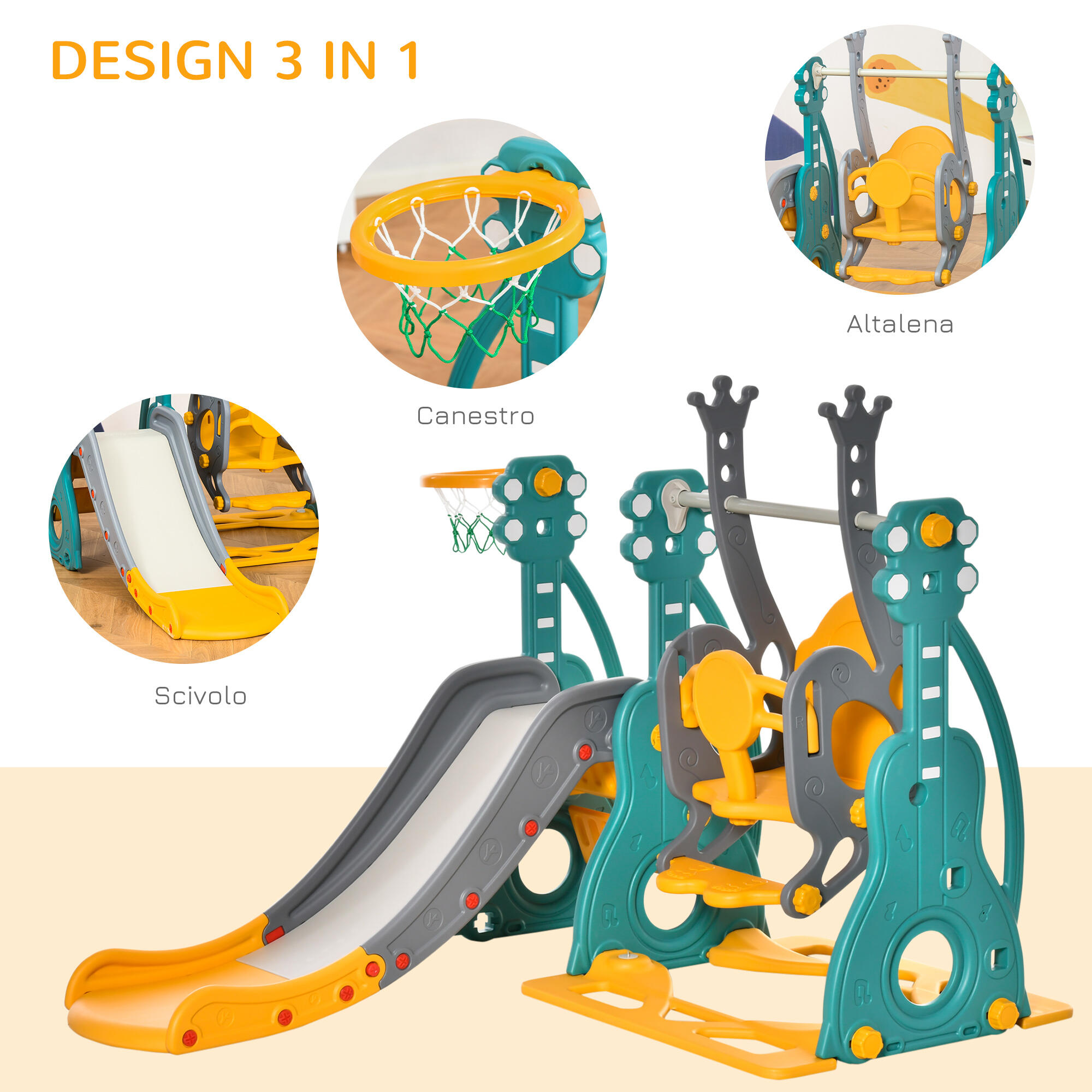 HOMCOM Scivolo per Bambini +18 Mesi con Altalena Multicolore 152x149x107cm 4/8