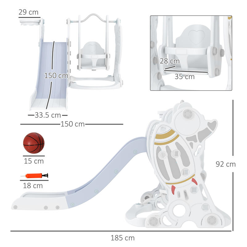 AIYAPLAY Gioco per Bambini 3 in 1 con Altalena Scivolo e Canestro Bianco Grigio