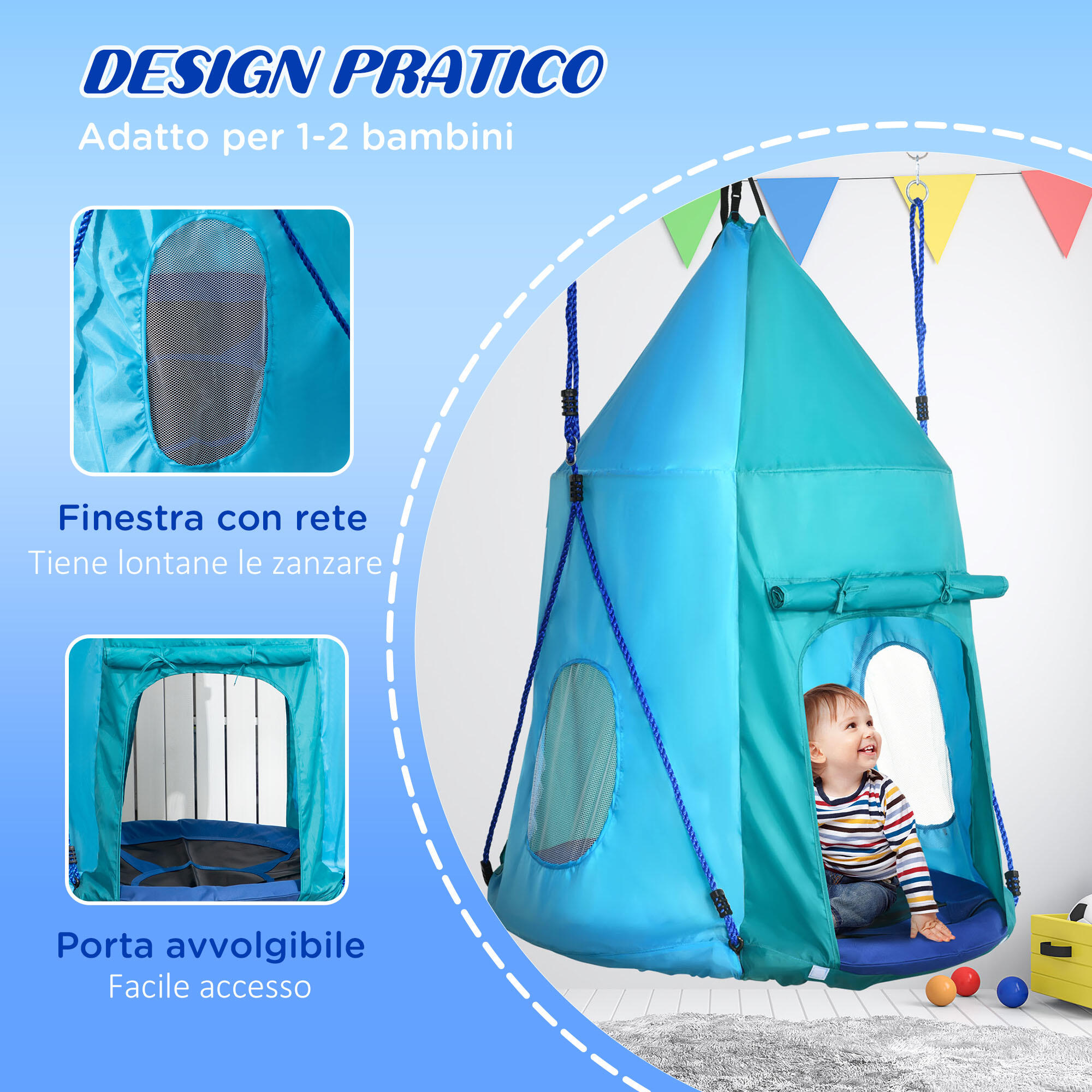 Outsunny Altalena da Giardino con Tenda per Bambini da 3-8 Anni Ø100cm Blu 5/7
