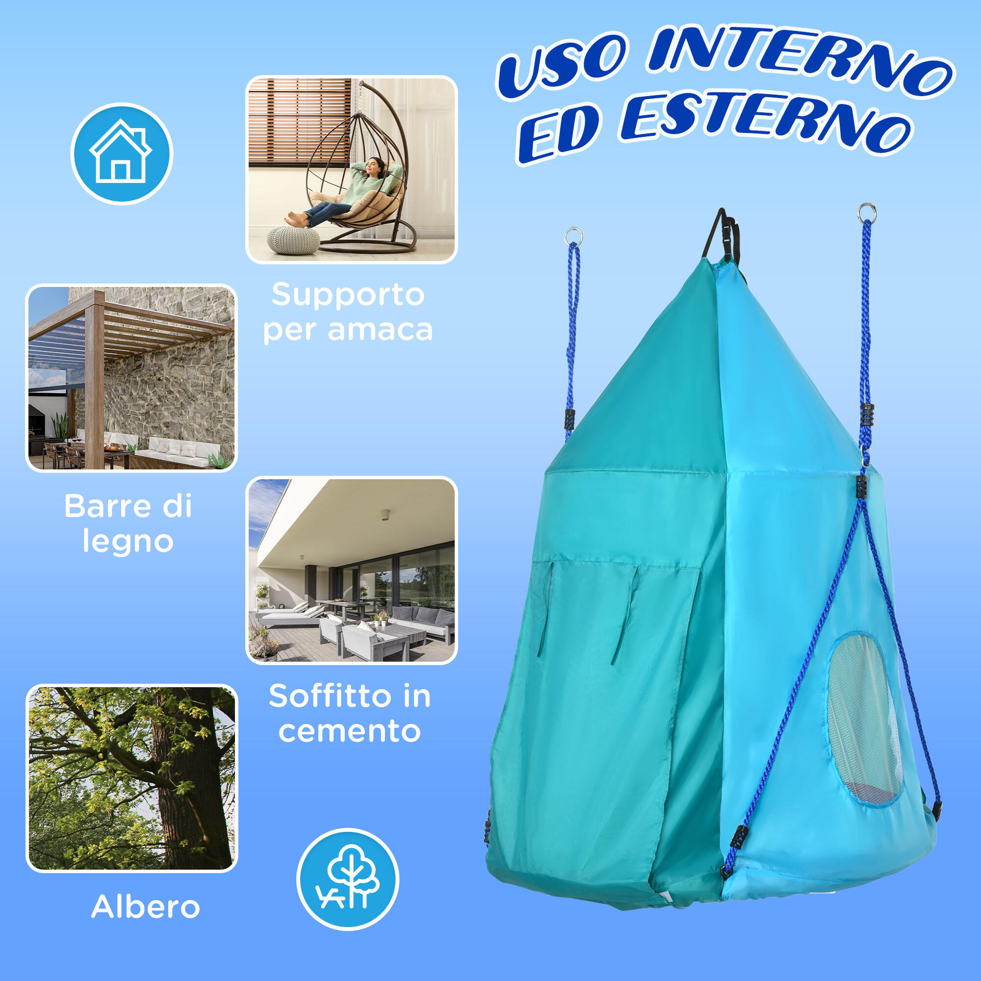 Outsunny Altalena da Giardino con Tenda per Bambini da 3-8 Anni Ø100cm Blu 7/7