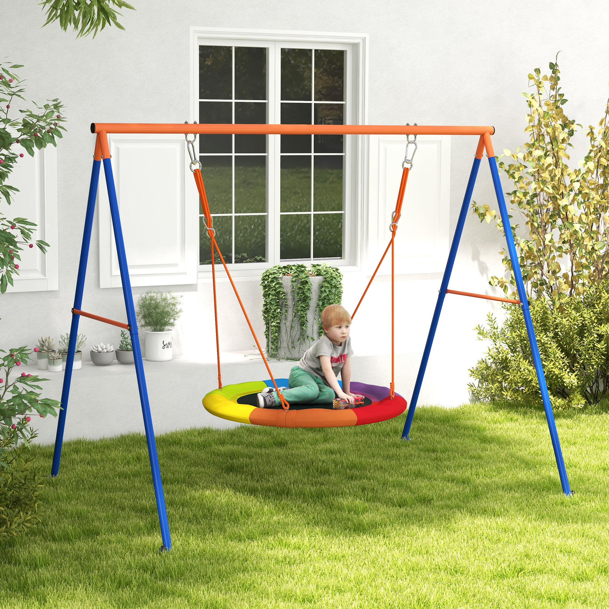 Outsunny Altalena da Giardino a Nido per 1-2 Bambini in Metallo Multicolore 2/7