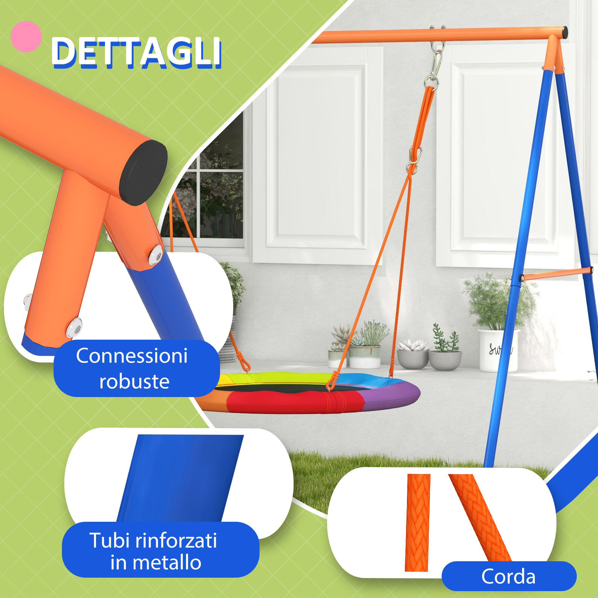 Outsunny Altalena da Giardino a Nido per 1-2 Bambini in Metallo Multicolore 7/7
