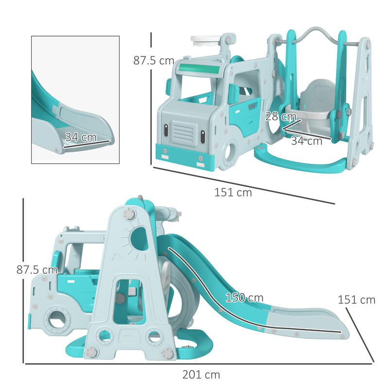 AIYAPLAY Set Scivolo Bambini 18-48 Mesi con Altalena Macchina e Canestro Azzurro