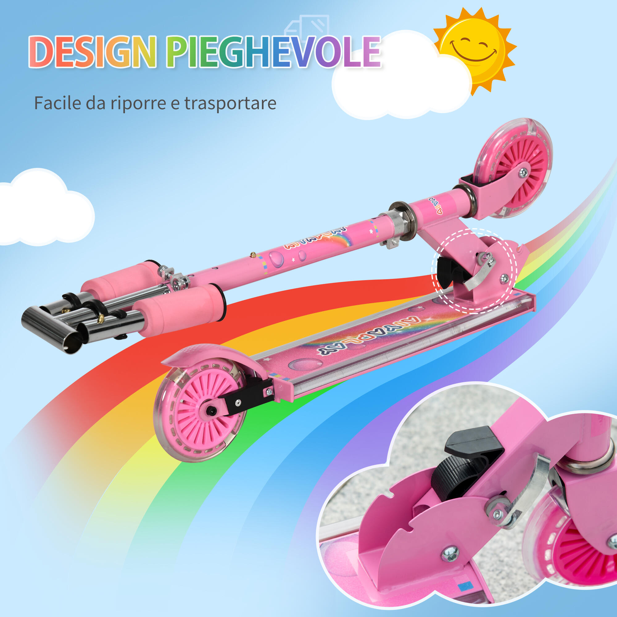 HOMCOM Monopattino per Bambini 3-7 Anni Pieghevole e Altezza Regolabile, Rosa 6/7